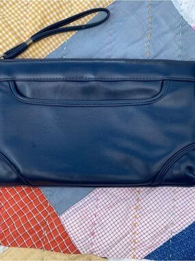 Vintage Navy Blue Faux Leather Clutch Purse Wrist Strap Minimalist Handbag